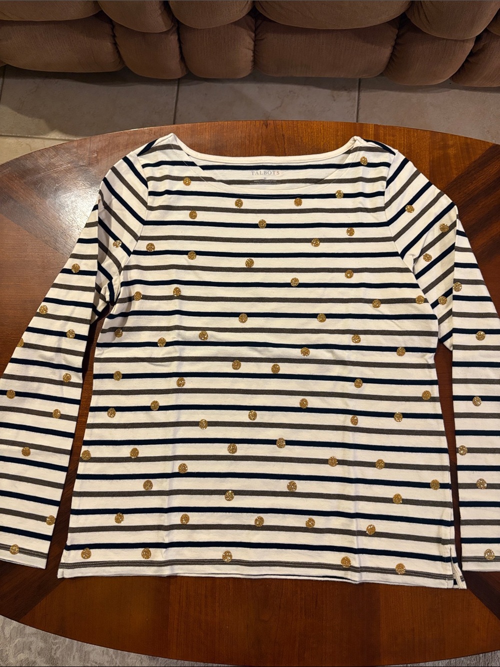 Talbots Women’s Stripe-Dot Bateau Long-Sleeve Top with Gold Polka Dots